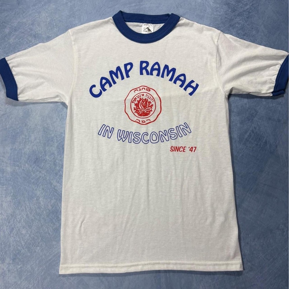 Camp Ramah in Wisconsin white and blue red leaf design baseball unisex  tee